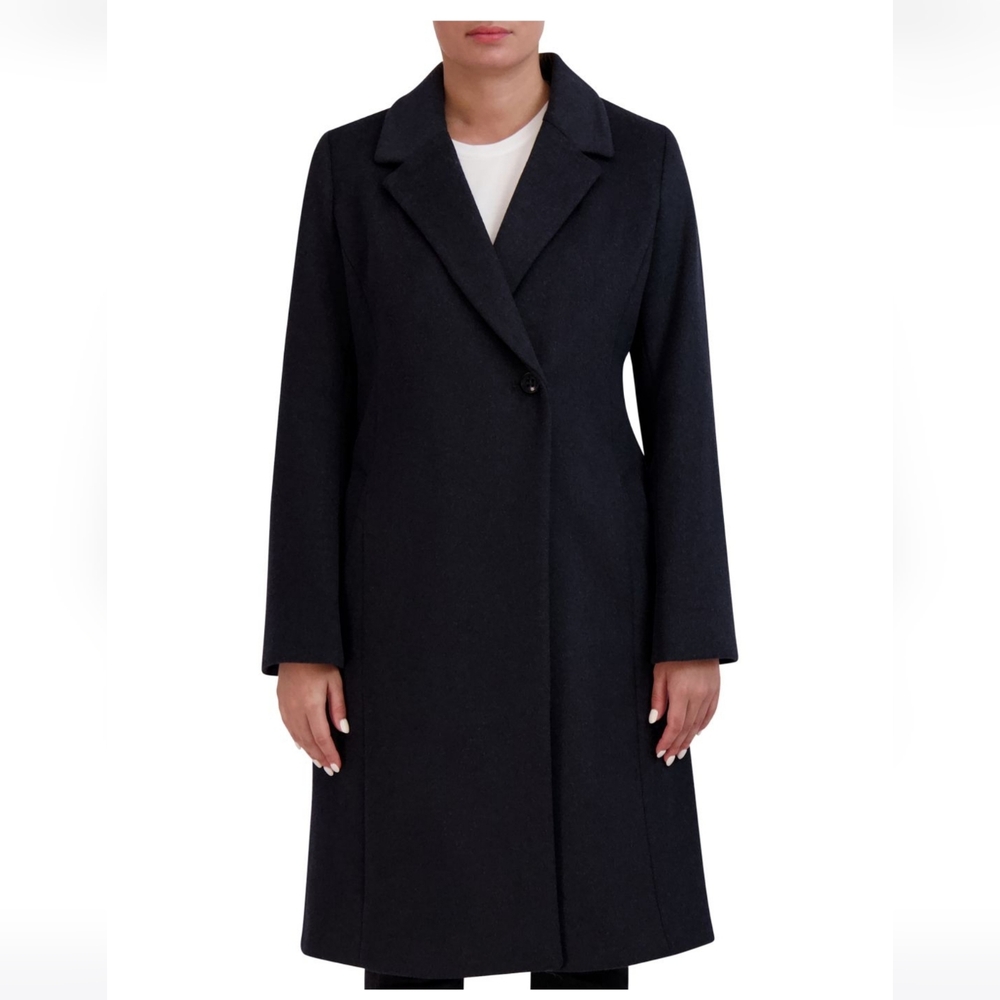 Cole Haan Double Breasted Notch Lapel Wool Coat  Pockets Buttons Black 14 Luxury